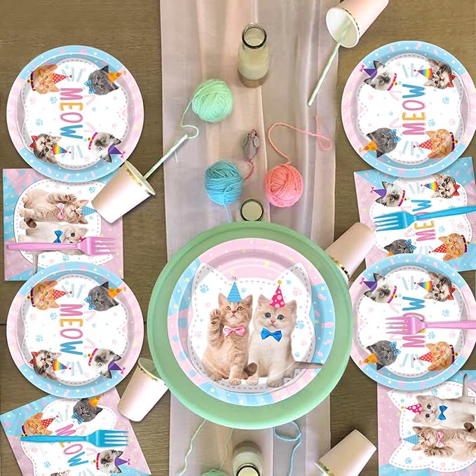 96PCS Cat Party Decorations Kitten Birthday Tableware Cat Paper Plates Meow Plates Napkins Dinnerware for Pet Kitten Baby Shower Party Supplies, Serves 24