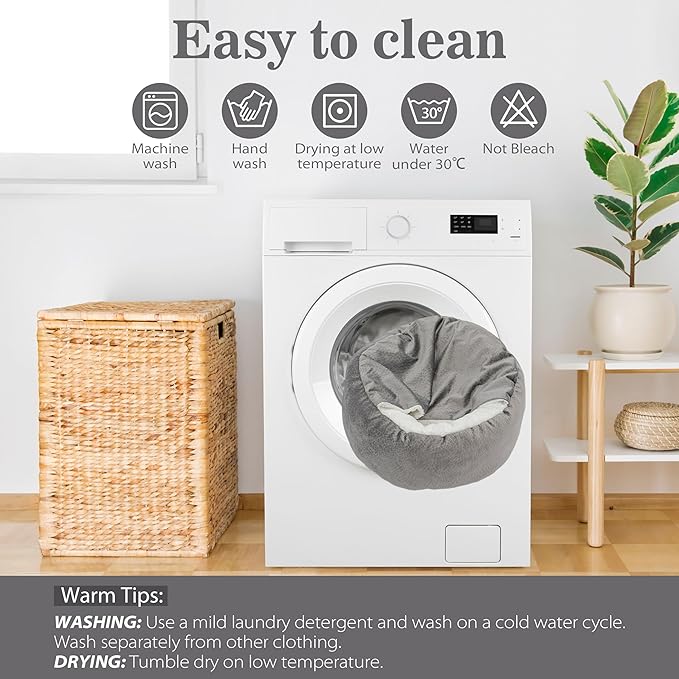 Dog Bed Warm with Hooded Blanket, Anti-Anxiety Puppy Pet Bed Cave Super Soft, Non-Slip Bottom, Machine Washable, Cozy Donut Indoor Pet Beds Fluffy for Dogs and Cats, Fits up to 33 lbs, 27.6 inch Grey