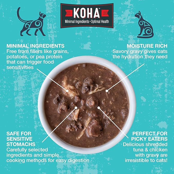 KOHA Pet Food Poké Bowl Cat Variety Pack, Wet Cat Food in Gravy - 5 Flavors - Tuna Combinations of Salmon, Chicken, Duck, Shrimp, and More - 3 oz Pouches, Pack of 12