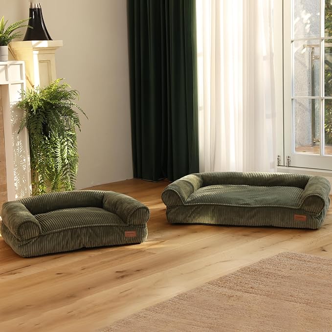 FUKUMARU Cat Couch Bed, Corduroy Cozy Cat Bed for Indoor Cats with Removable Washable Cover, Supportive Anti-Slip Dog Beds Sofa for Small Dogs Cute, 27inch, Medium, Green