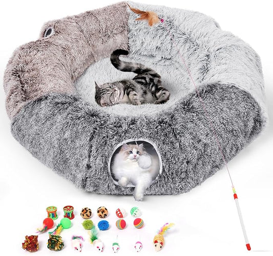 Odoland Large Cat Tunnels for Indoor Cats Fluffy Cat Bed and Detachable Cat Cave Tunnels with 20 Cat Toys, Cat Donut Tunnel and Variety Kitten Toy Set for Chewing Playing