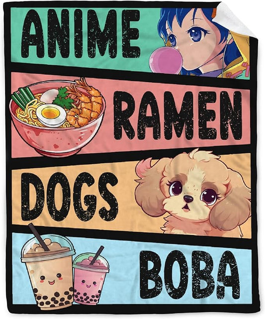 Anime Blanket for Girls - Kawaii Decor for Women, Ramen Dogs Boba Flannel Blanket - Luxurious Warm and Cozy, S 40X50 Inch for Kids/Child