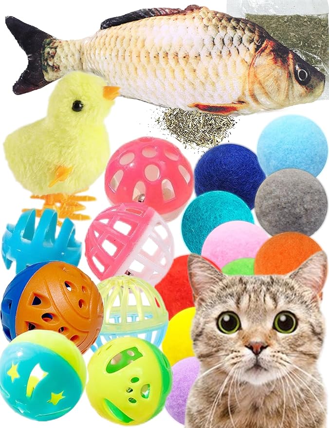 Cat Toys, 19pc Set for Indoor Cats and Kittens, Fuzzy Balls, Jingle Bells, Wind-Up Chick, Catnip Fish, Fun Interactive Play
