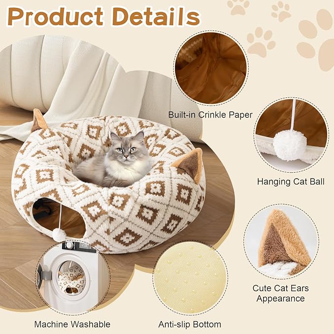 Cat Tunnel with Cat Bed for Indoor Cats, 3 in 1 Cat Donut Tunnel, Cute Cat Bed with Cushion Peephole and Cat Ear for Cats, Kittens, Rabbit, New Jacquard Pattern