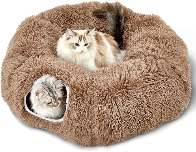 Cat Tunnel Bed for Indoor Cats Peekaboo Cat Cave Donut Tunnel for Cat with Washable Circle Cushion Interior Cat Play Tunnel (34 Inch, Brown)