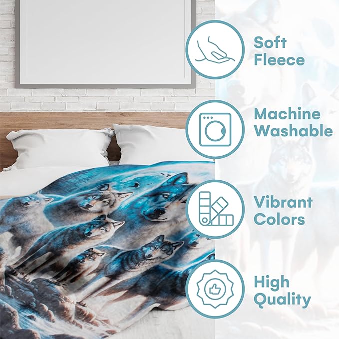 Dawhud Direct Wolf Fleece Blanket - Soft Plush, Cozy Throw for Kids and Adults - Throw Blanket with Pack of Wolves Over Forest Print, Ideal for Beds, Couches, and Travel - 60 x 50 Inches
