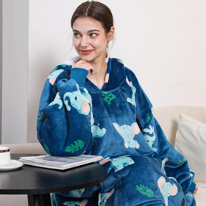 THREE POODLE Wearable Blanket Hoodie for Women, Oversized Sherpa Sweatshirt Blanket for Adults Men, Warm Cozy Elephant Hooded Blanket, Gifts for Mom Girlfriend Sister