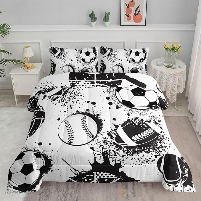 Axolotl Ball Sports Comforter Set, Football Soccer Bedding, Baseball Comforter Set, Hip Hop Graffiti Artwork Bedding for Boys Kids Men, 1 Quilt 2 Pillowcases