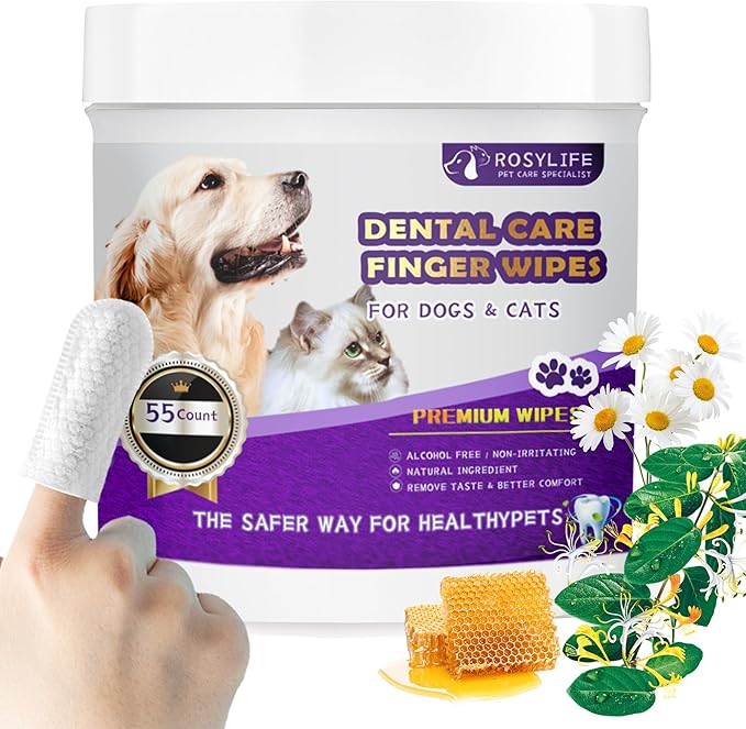 55 Counts Dogs & Cats Dental Care Wipes - Dog Teeth Cleaning Finger Wipes - Dog Tooth Brushing Kit Dental Wipes - Remove Bad Breath by Removing Plaque and Tartar Buildup & Freshens Breath