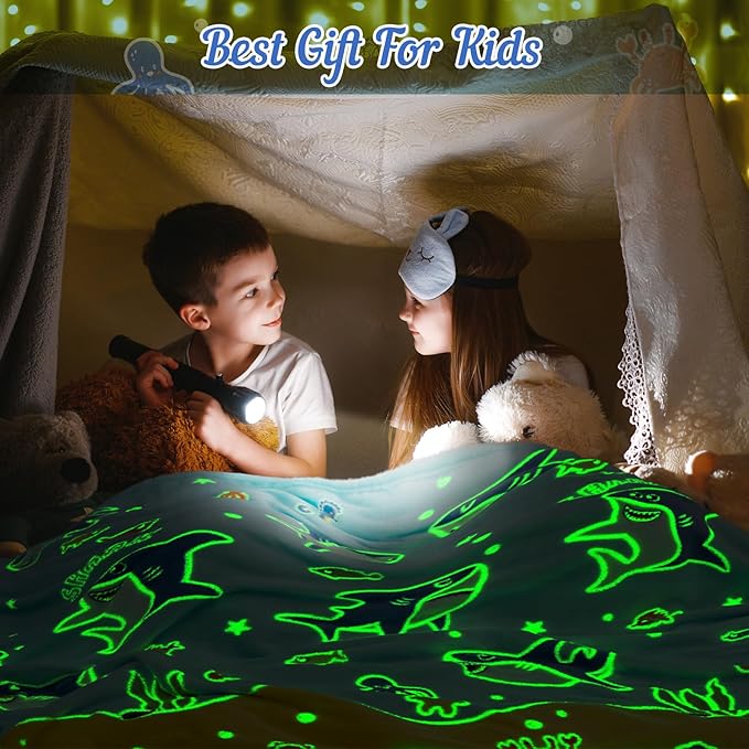 Shark Toys Gifts for Boys Girls - Glow in The Dark Ocean Animal Blanket Best Christmas Birthday Valentines Easter Decor Presents for Kids Age 1-14 Years Old Teens Child Toddler Son Soft Throw 50"x60"