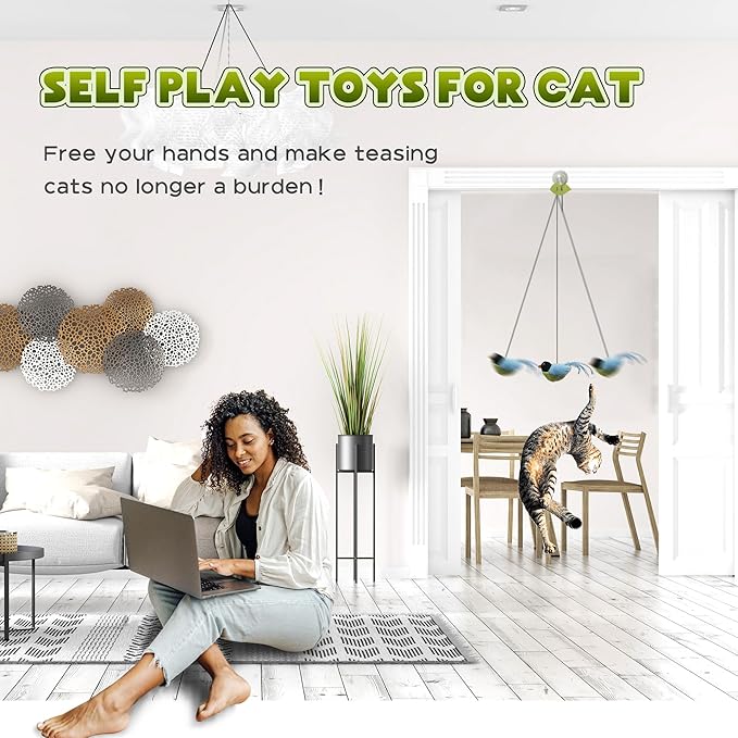 LEWISER Cat Toys Chirp Chickadee, Interactive Cat Feather Toys, Retractable Cat Teaser Toy, Hanging Toys for Indoor Cats Exercise, Kitten Kitty Fun Mental Physical Toys, Blue (1 Pack)