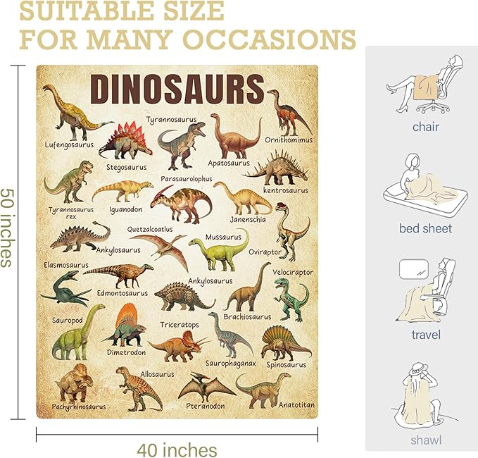 Dinosaur Blanket for Kids, Educational Gifts for Dinosaur Lovers Children Boy Girl, Jurassic World Dinosaurs Throw Blanket Ultra-Soft Skin-Friendly for Sofa Bed Home Dino Room Decor 50 * 40in