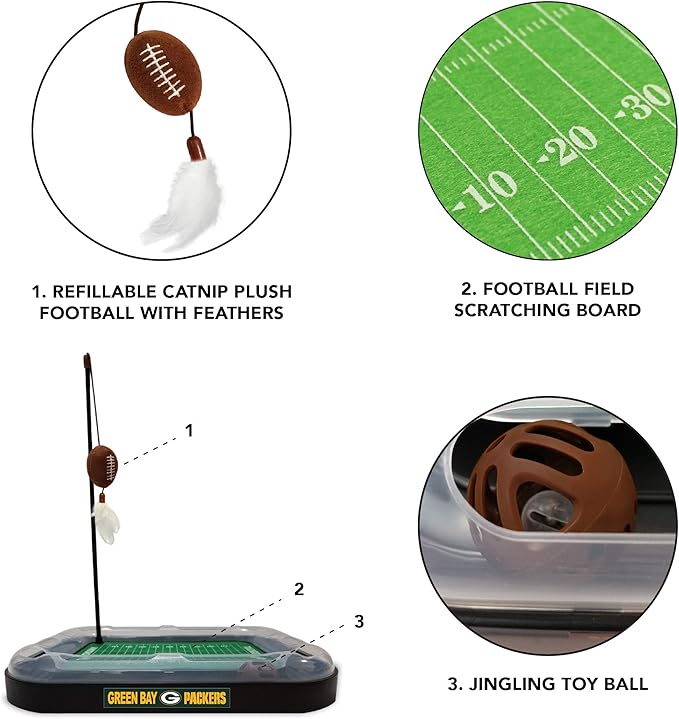 Cat Toy Pets First NFL GREEN BAY PACKERS FOOTBALL FIELD CAT SCRATCHER TOY with CATNIP Filled Plush FOOTBALL Toy&Feather Cat Toy hanging. + A Jingle Bell INTERACTIVE BALL Cat Chasing 5-in-1 KITTY Toy