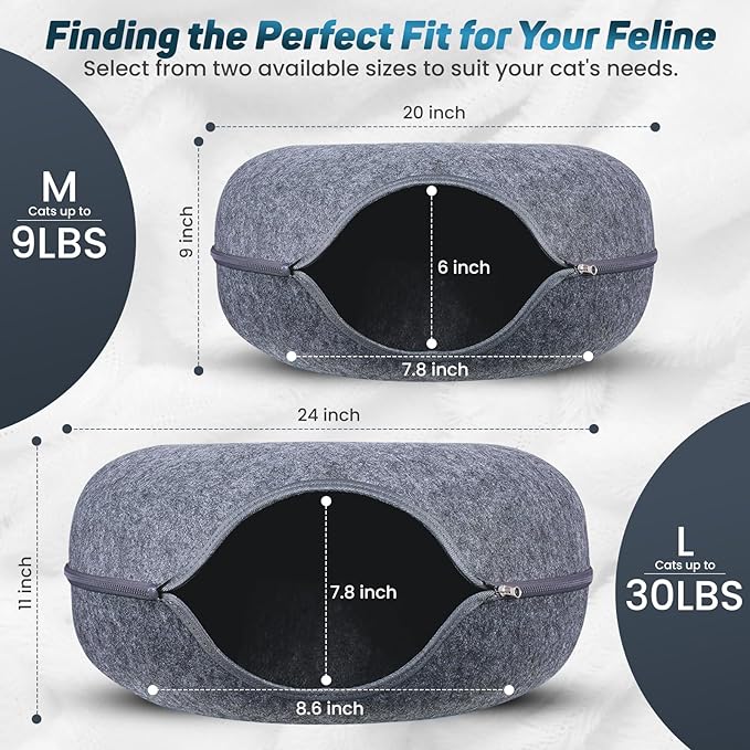 Peekaboo Large Cat Cave and Tunnel Bed - Donut Cat Bed for Indoor Cats up to 30-45 lbs, Scratch Resistant, Detachable & Washable, Cat Donut Tunnel (Dark Gray, Large)