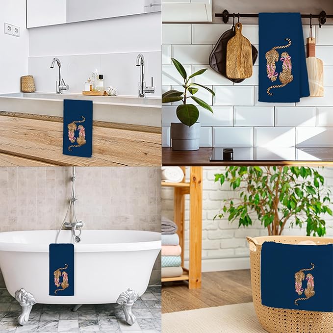 Coquette Pink Bow Two Cheetah Kitchen Towels, Navy Blue Leopard Hand Towels for Bathroom Kitchen, Trendy Preppy Leopard Decorative Dish Towels Drying Cloth, 16x24 Inch