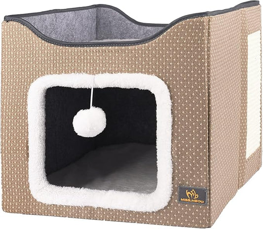 Cat Bed for Indoor Cats,Medium Large Cats Cave Bed,Machine Washable Slip Resistant Bottom,Ultra Soft Plush Cushion (Beige House)