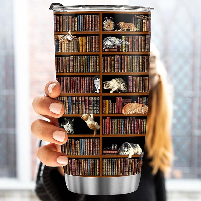BECHUSKY Cat Library Bookshelf Tumbler - Cat Book Lover Librarian Reading Gift for Friends, Readers, Bookworm, Book Lovers on Birthday, Christmas, Anniversary