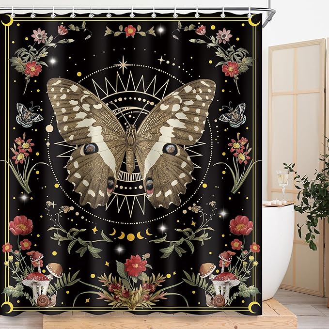 Black Red Moth Mushroom Flower Shower Curtain Sets for Bathroom 60Wx72H Wichy Boho Shower Curtain Gothic Polyester Bathtub Curtain Plant Butterfly Floral Bathroom Decor with 12 Hooks