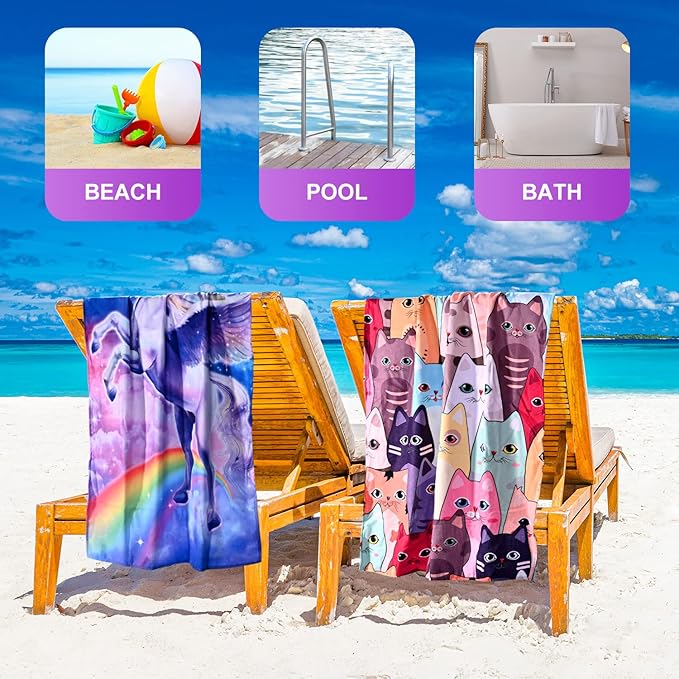 LIVILAN Large Kitten Cat Beach Towel, 30" X 60" Soft Microfiber, Absorbent, Quick Dry, Sand Free, Light, Multiuse for Bath, Pool, Swim, Cute Cat Gifts