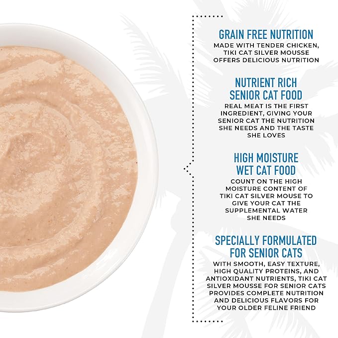 TIki Cat Silver Mousse, With Chicken & Pumpkin In Broth, Silky Smooth Nutrient Rich Formulated for Older Cats Aged 11+, 2.9 oz. Pouch (Pack of 12)