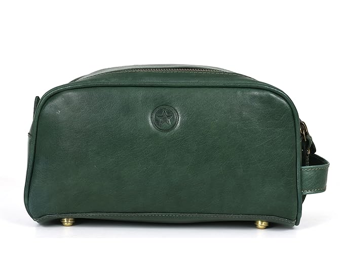 10" Premium Leather Toiletry Travel Pouch With Waterproof Lining | King-Size Handcrafted Vintage Dopp - Kit ~ Gift for Father's Day By Aaron Leather Goods (Basil Green)