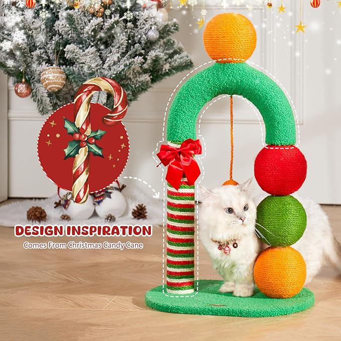 Durable Cat Scratching Post, Natural Sisal Cat Scratcher for Indoor Cats and Kittens, Cat Post with Dangling Ball, Easy Assembly with Bonus Sisal Ball Toy, Fun Candy Cane Design