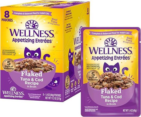Wellness® Appetizing Entrées™ Flaked Tuna & Cod Recipe in Broth Natural Wet Cat Food, 1.4 oz Pouch (Pack of 8)