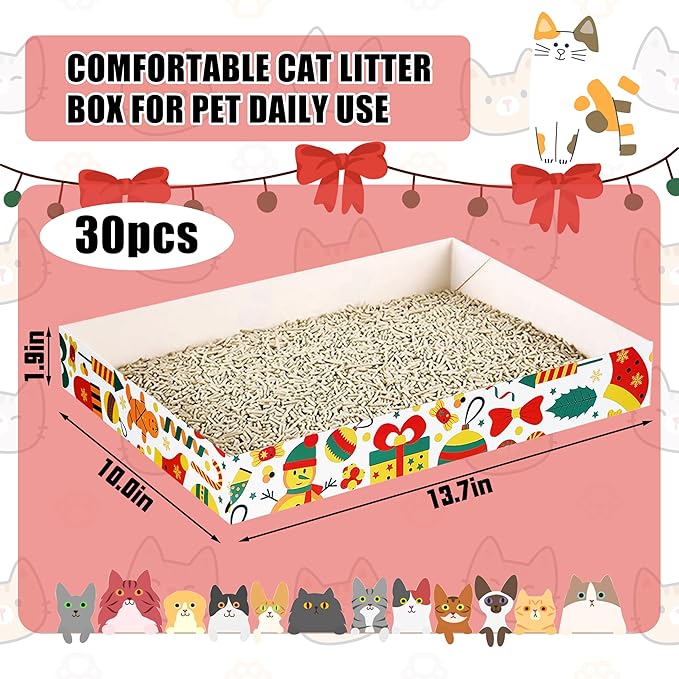 30 Pack Christmas Cat Disposable Cat Litter Box, Foldable Paper Litter Box,Non Clumping Durable and Waterproof,Low Entry Easy Disposal,Portable,Cat (13.6x9.7x1.9 in)