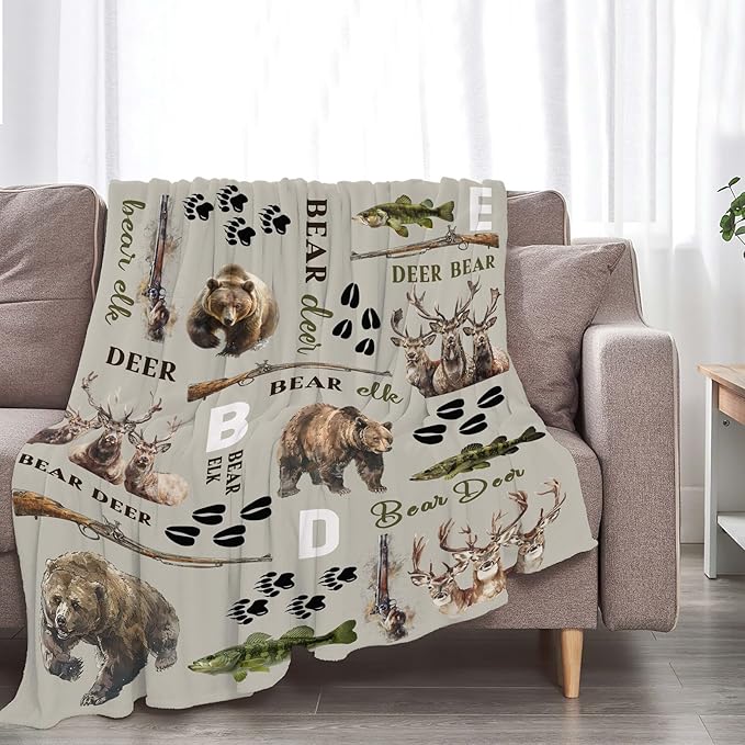 Hunting Deer Throw Blanket Bear Elk Blanket Gifts for Kids Girls Boys Adults Women Men Soft Cozy Warm Plush Fluffy Fuzzy Fleece Blanket Home Decor 40''X50''