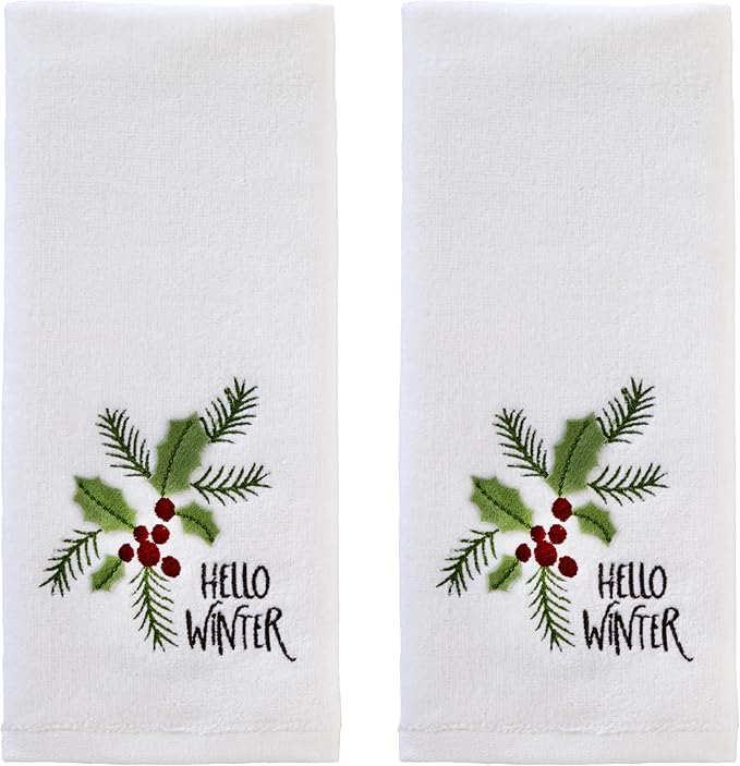 SKL Home Christmas Hello Winter Holly 3D Hand Towel 2pc Set for Bath/Kitchen/Bar & Gift, White