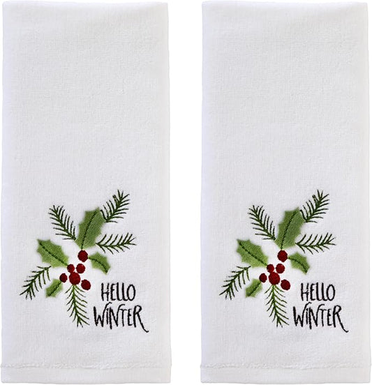 SKL Home Christmas Hello Winter Holly 3D Hand Towel 2pc Set for Bath/Kitchen/Bar & Gift, White