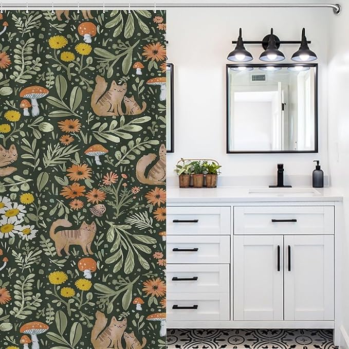 Cartoon Cute Forest Shower Curtains, Fairy Tale Mushroom Cat Flower Floral Leaf Green Pattern Decor Print Bath Drapes Set with Hooks, Waterproof Fabric Windows Treatment for Bathroom, 72x72in