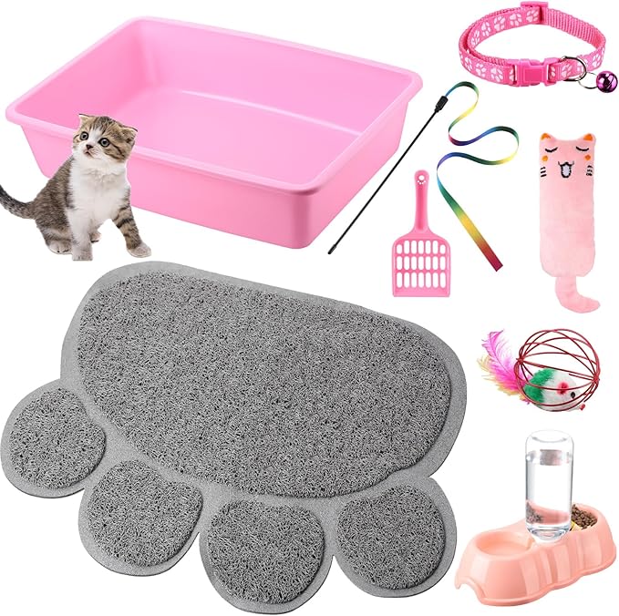 7 Pcs Small Cat Kitten Starter Kit Cat Litter Box with Shovel Cat Paw Litter Mat Double Automatic Cat Bowls Cat Toy Teaser Stick Cat Collar Small Cat Essentials Kits for 1-3 Lbs Beginner(Pink)