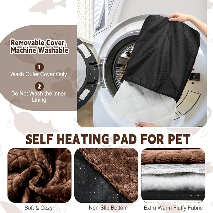 4 Pack Self Heating Cat Pad Self Warming Cat Mat Non Slip Warm Dog Bed Pad Mat Washable Pet Kennel Pad Crate Bed Mat Removable Cover Cat Blanket for Indoor Outdoor(Dark Coffee,16 x 20 Inch)