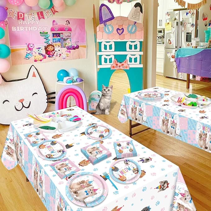 96PCS Cat Party Decorations Kitten Birthday Tableware Cat Paper Plates Meow Plates Napkins Dinnerware for Pet Kitten Baby Shower Party Supplies, Serves 24