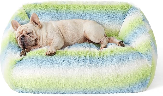 Lesure Cute Cat Couch Bed - Furry Indoor Cat Sofa Large, Washable Calming Small Dog Beds for Puppy with Fashion Design, 26x21x9inches, Green Stripe