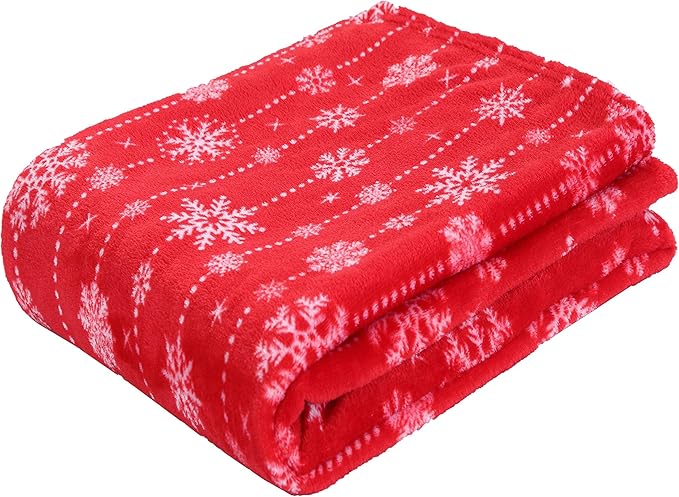 Elegant Comfort Velvet Touch Ultra Plush Christmas Holiday Printed Fleece Throw/Blanket-50 x 60inch, (Red Snowflake)