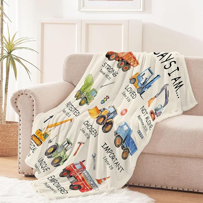 Christian Gifts for Boys, God Says I Am Construction Truck Blanket 50"x60", Inspirational Religious Birthday Gifts for Truck Lover Bible Verse Blanket, Construction truck gifts, Christian truck Gifts