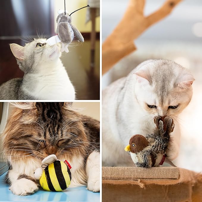Gigwi Automatic Cat Toys Pack, Interactive Cat Toys Electronic Squeaky Animals Bird/Cricket/Bee, Plush Toys for Cats to Play Alone, Play and Squeak Cat Toys for Indoor Cats Boredom, 3 Pcs