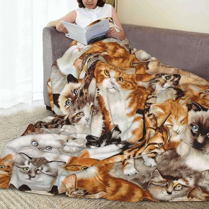 Cute Cat Design Flannel Fleece Bed Blanket Throw Blanket Lightweight Cozy Plush Blanket for Bedroom Living Rooms Sofa Couch 50"x40"