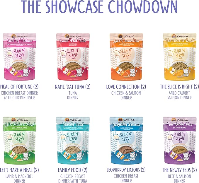 Weruva Slide N' Serve Paté Wet Cat Food, The Showcase Chowdown Slide N' Serve 2.8oz Pouch Variety Pack of 16, Multi Color