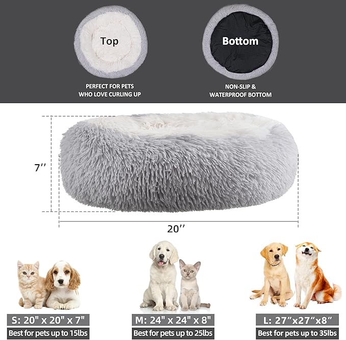 Something Different Calming Cat Beds for Indoor Cats,Anti Anxiety Round Fluffy Cat Bed,Soft Plush Pet Cushions,Dount Pet Bed with Slip-Resistant and Waterproof Bottom,Machine Washable,20”,Grey