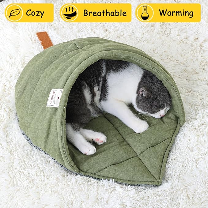 Cat Sleeping Bag,Linen Fabric Cat Bed Cave Leaf Nest Pet Cuddle Zone Covered Hide Hood Burrowing Cozy Soft Durable Washable with Non-Slip Bottom for Indoor Puppy and Kitten (Green with Support)