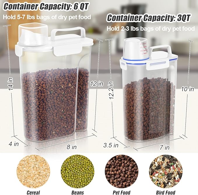 TBMax Cat Food Storage Containers 2 Pack, Portable Dog Food Container Dispenser with Large Spout & Measuring Cup, Airtight Travel Pet Food Storage Bin for Dog Treat Bird Seed Container