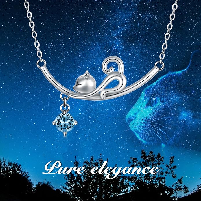 AOBOCO 925 Sterling Silver Lovely Cat Kitten Pendant Necklace with 12 Months Birthstone Crystal from Austria, Christmas Birthday Jewelry Gifts for Cat Lover