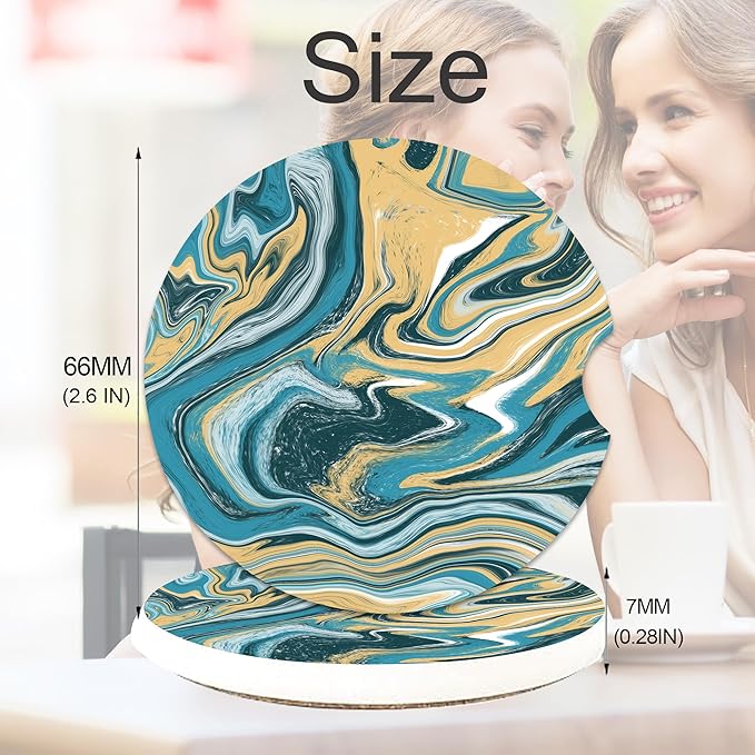 Blue Marble Car Cup Holder Coasters, 2 Pack Cup Coasters Car Accessories Interior Aesthetic for Men Women, Absorbent Ceramic Coaster with Cork Back, Retro Car Decoration Gifts