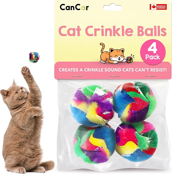 Cat Crinkle Balls 1.5 Inch (4-Pack) - Mini Crinkle Cat Toys for Indoor Cats - Multi-Color Crinkle Cat Toy - Cat Toys Crinkle Balls to Keep Fit and Active - Canadian-Made Crinkle Balls for Cats