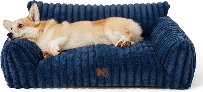 Bedsure Cute Dog Couch for Pets - Fluffy Dog Sofa with Premium Soft Corduroy Fleece, Dog Couch Bed with Washable Cover, Supportive Dog Sofa Bed for Medium Large Dogs, 36inch, Night Blue