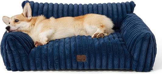 Bedsure Cute Dog Couch for Pets - Fluffy Dog Sofa with Premium Soft Corduroy Fleece, Dog Couch Bed with Washable Cover, Supportive Dog Sofa Bed for Medium Large Dogs, 36inch, Night Blue
