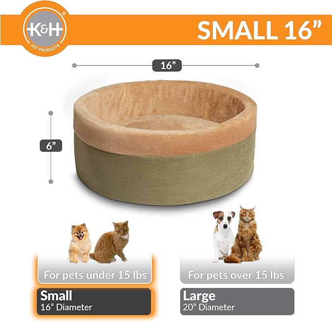 K&H Pet Products Thermo-Kitty Bed Heated Cat Bed for Indoor Cats , Electric Warming Bed for Cats and Small Dogs, Washable Thermal Plush Calming Round Pet Bed - Small 16" Sage/Tan